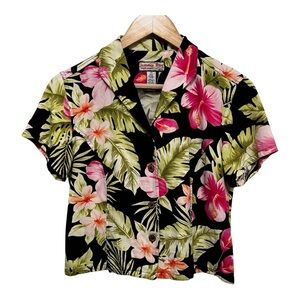 JAMAICA BAY Vintage Fitted Cropped Hawaiian Shirt Wood Buttons Size Small Petite